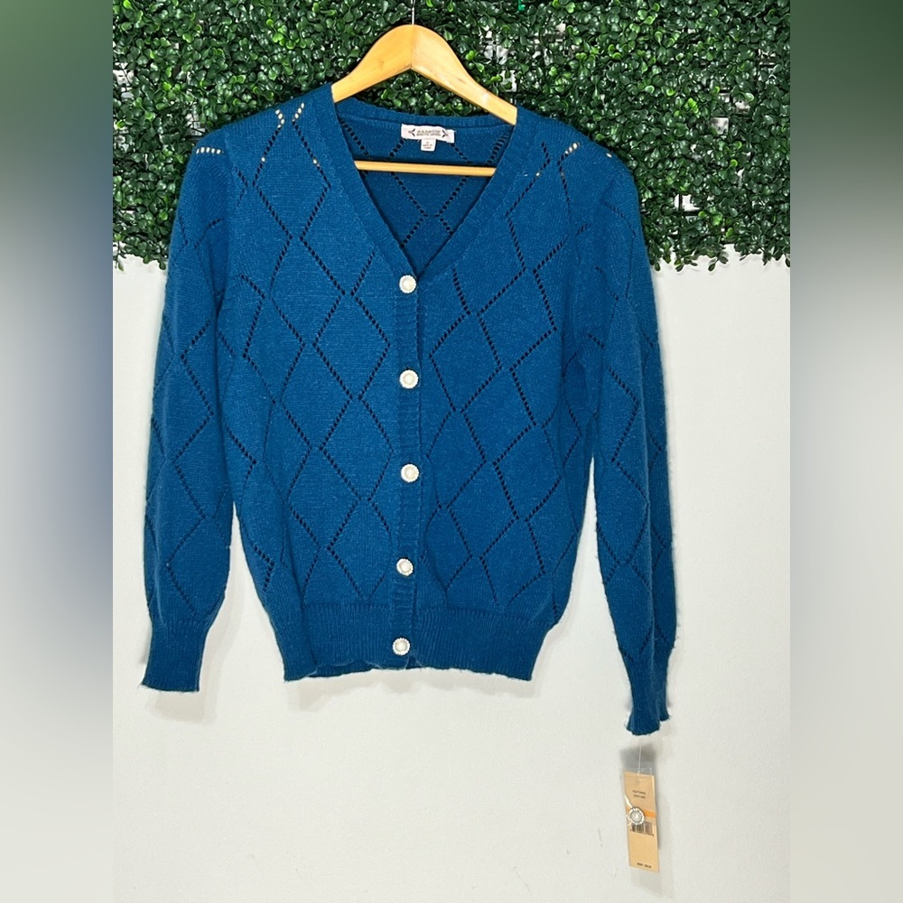 Nanette Lepore Blue Eyelet Knit Cardigan Sweater Faux Pearl Buttons Size S NWT